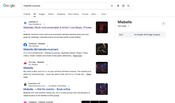 Google search results for 'miabella musician' showing the Knowledge Panel rendering on the right side of the page with her name, the descriptor 'Irish singer', and birth date '16 October 2009 (age 16 years)'.